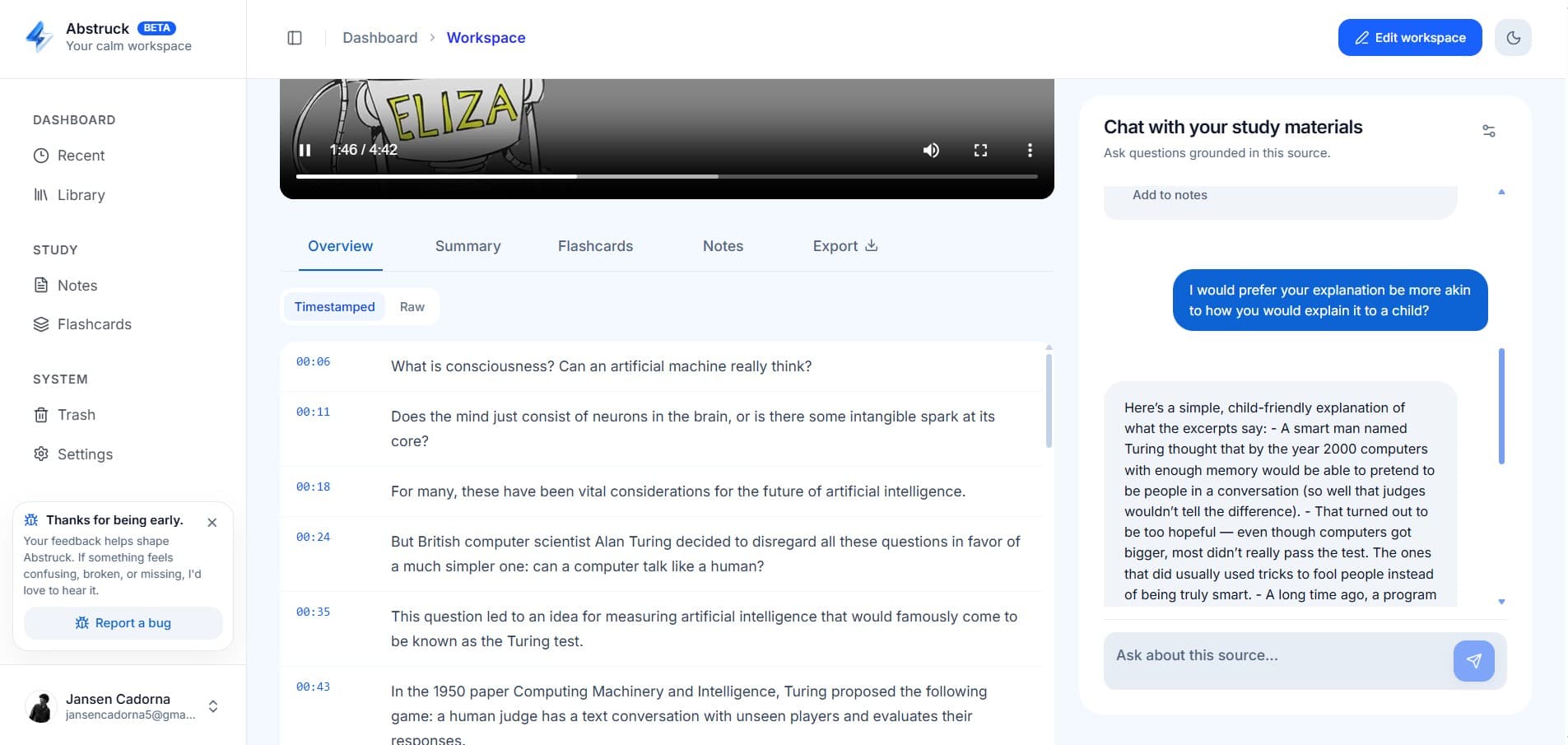 Abstruck workspace showing AI-generated lecture summary, synchronized transcript, notes, and study flashcards